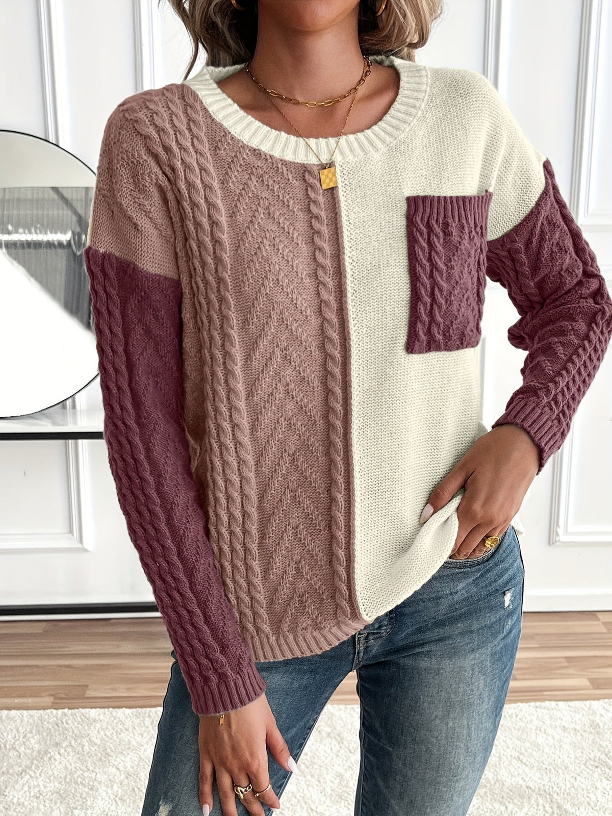 Priscilla-Genevieve | Women's Two-Tone Cable-Knit Sweater