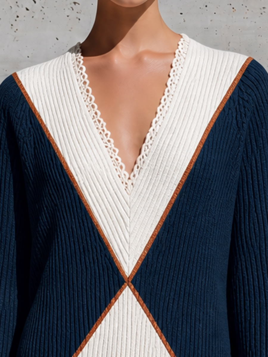 Stella | Women's V-Neck Colorblock Ribbed Sweater Dress