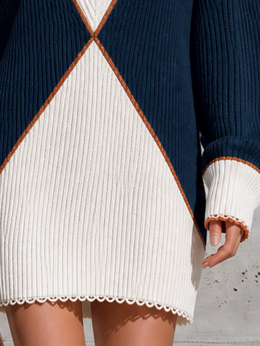 Stella | Women's V-Neck Colorblock Ribbed Sweater Dress