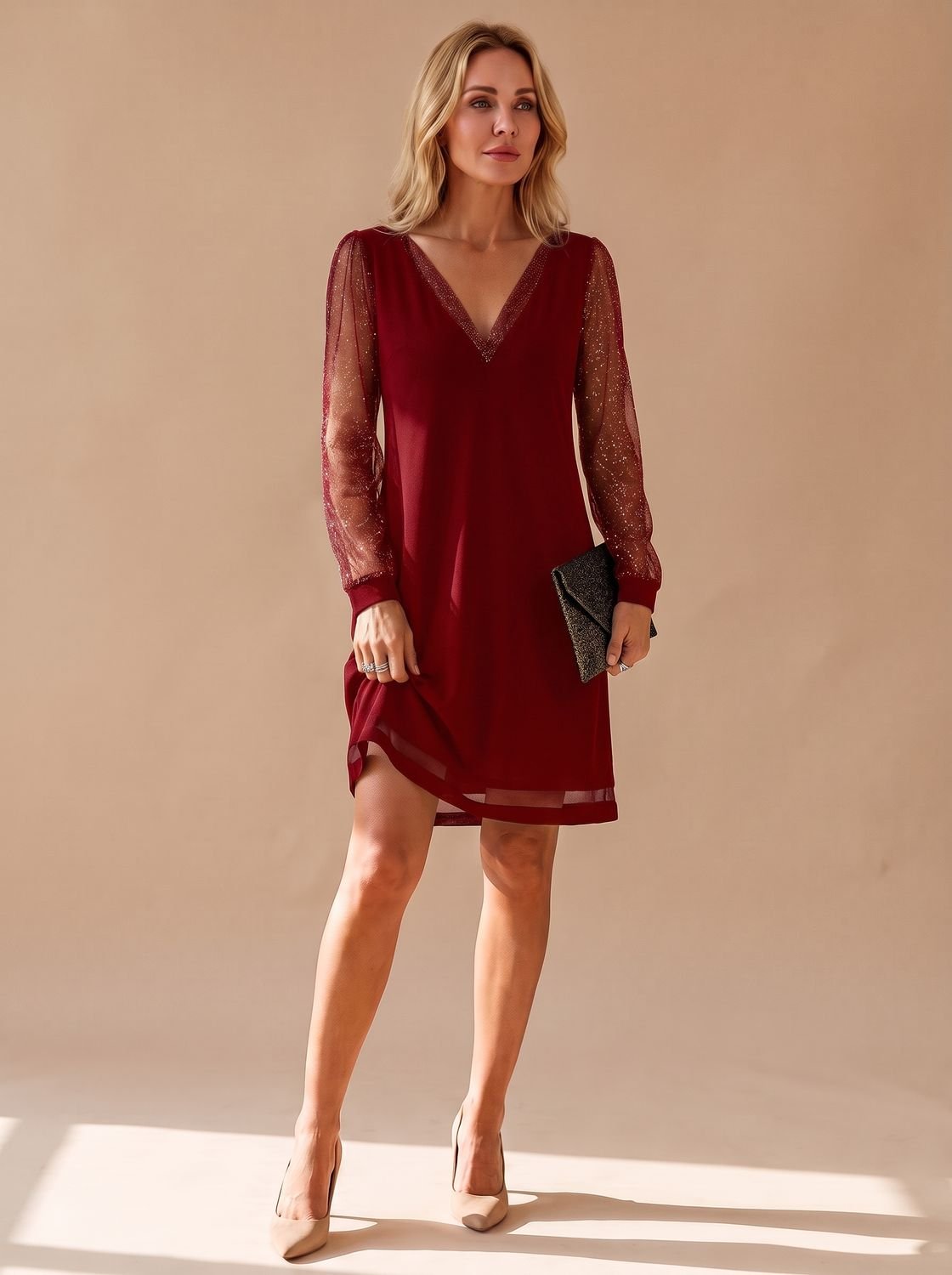 Matilda-Carmen | Women's V-Neck Glitter Mesh Sleeve Mini Dress