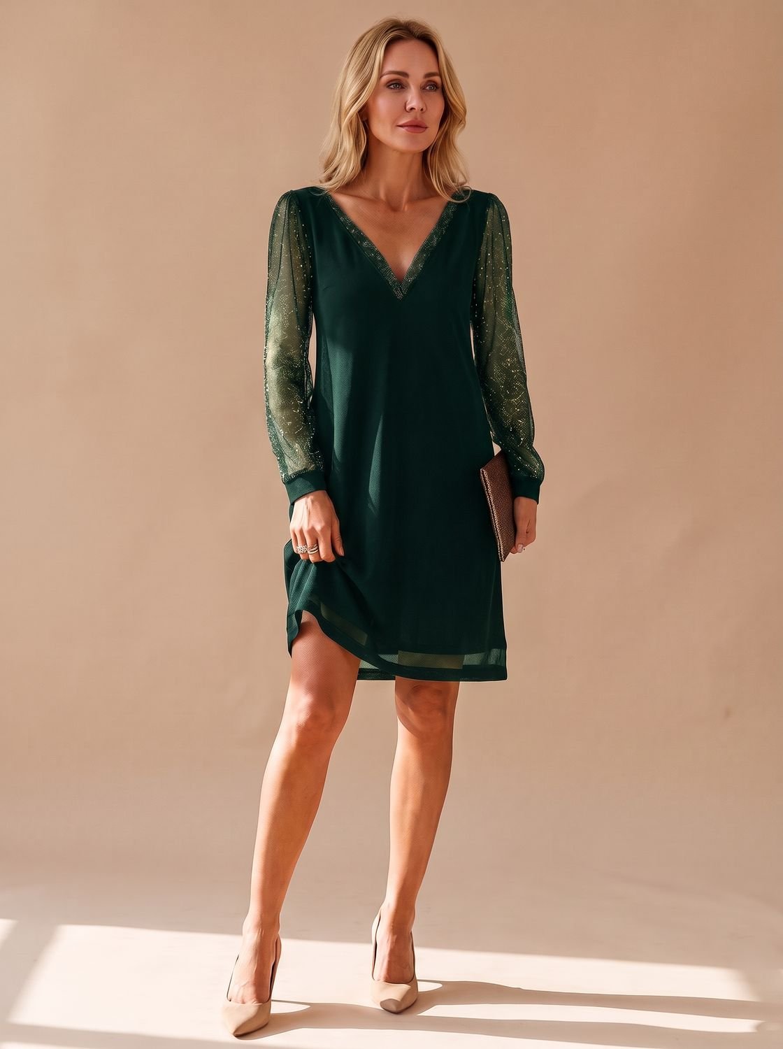 Matilda-Carmen | Women's V-Neck Glitter Mesh Sleeve Mini Dress