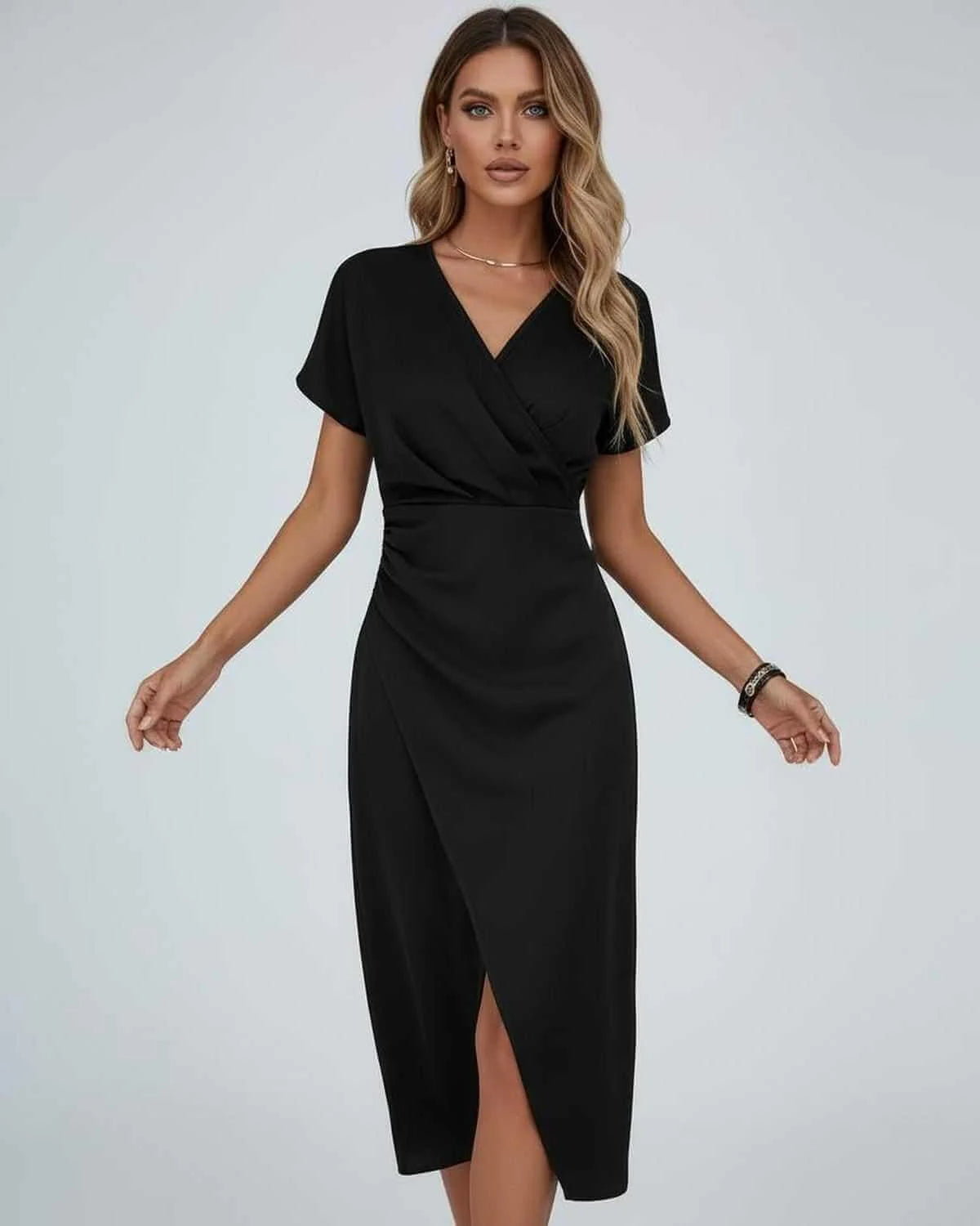 Carmen | Women's V-Neck Wrap Midi Dress with Front Split