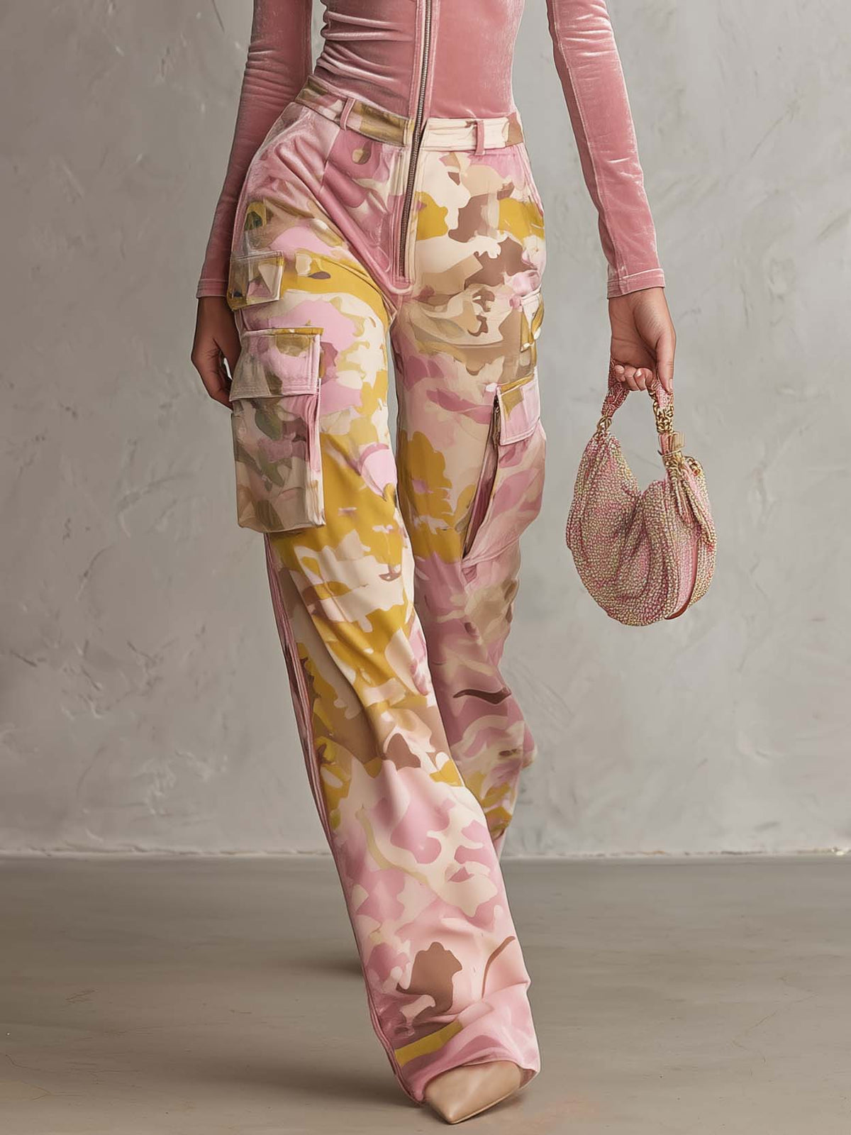 Judith-Cordelia | Women's Velvet Camo Cargo Wide-Leg Jumpsuit