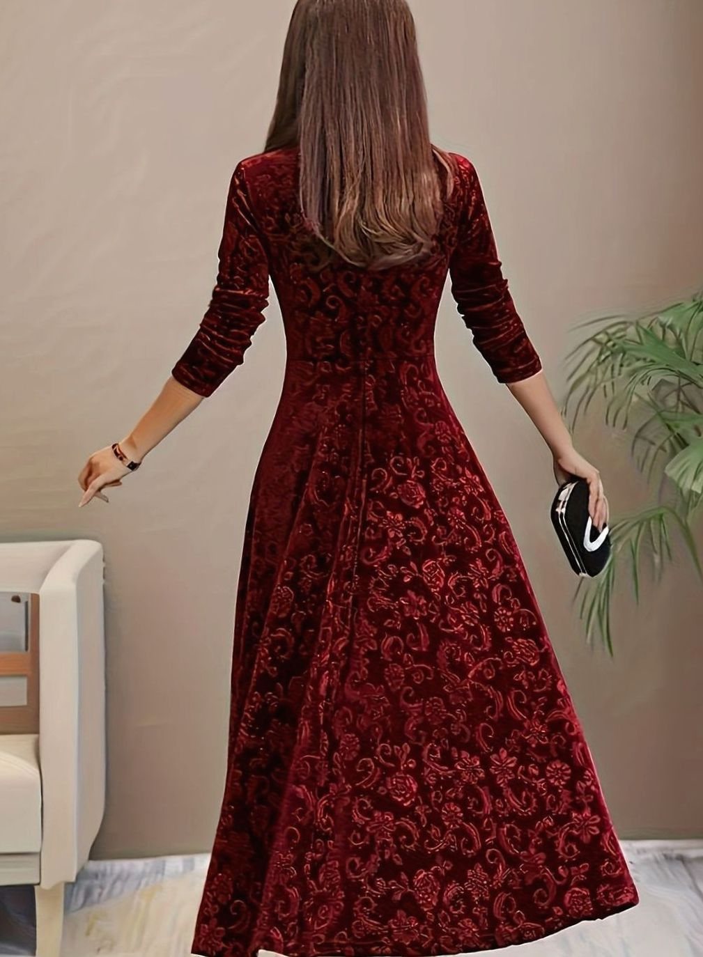 Frances-Veronica | Women's Velvet Floral Embossed A-Line Midi Dress