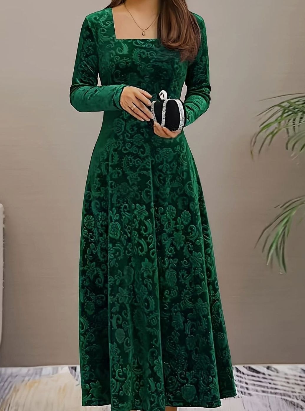 Frances-Veronica | Women's Velvet Floral Embossed A-Line Midi Dress