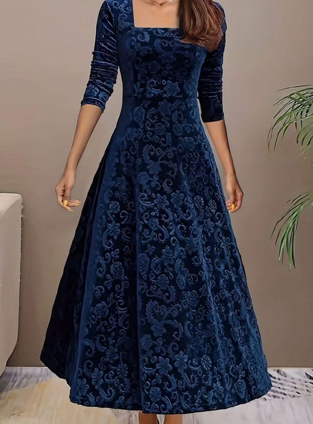 Frances-Veronica | Women's Velvet Floral Embossed A-Line Midi Dress