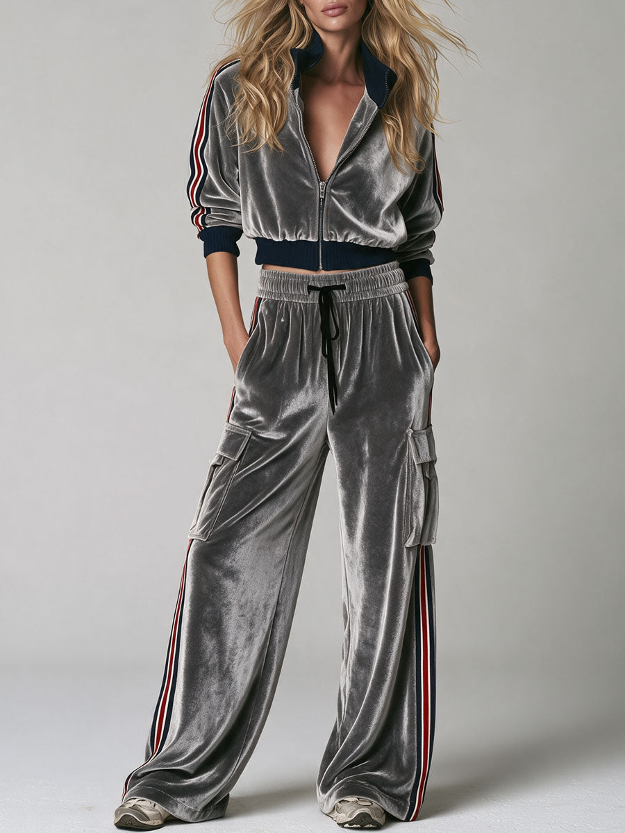 Madeline | Women's Velvet Stand-Collar Jacket & Wide Leg Trousers Set