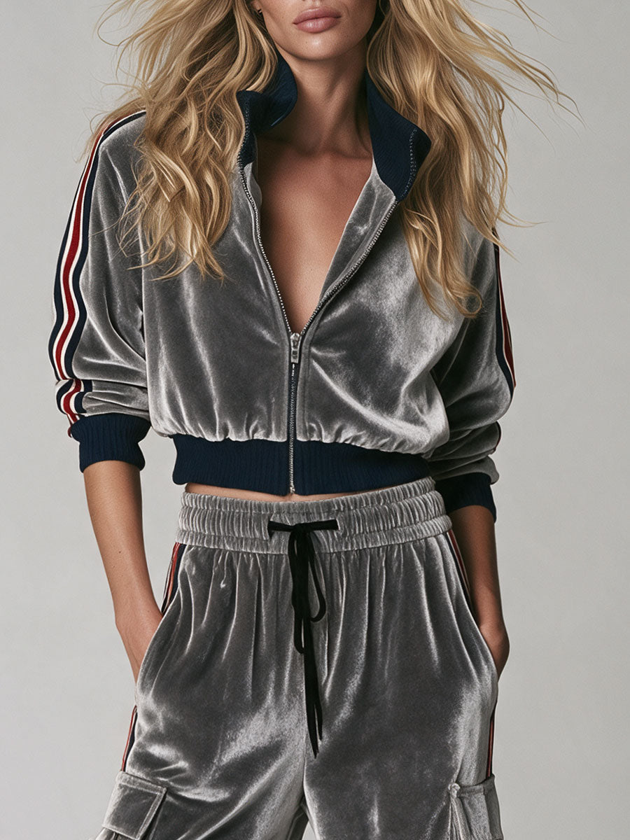 Madeline | Women's Velvet Stand-Collar Jacket & Wide Leg Trousers Set