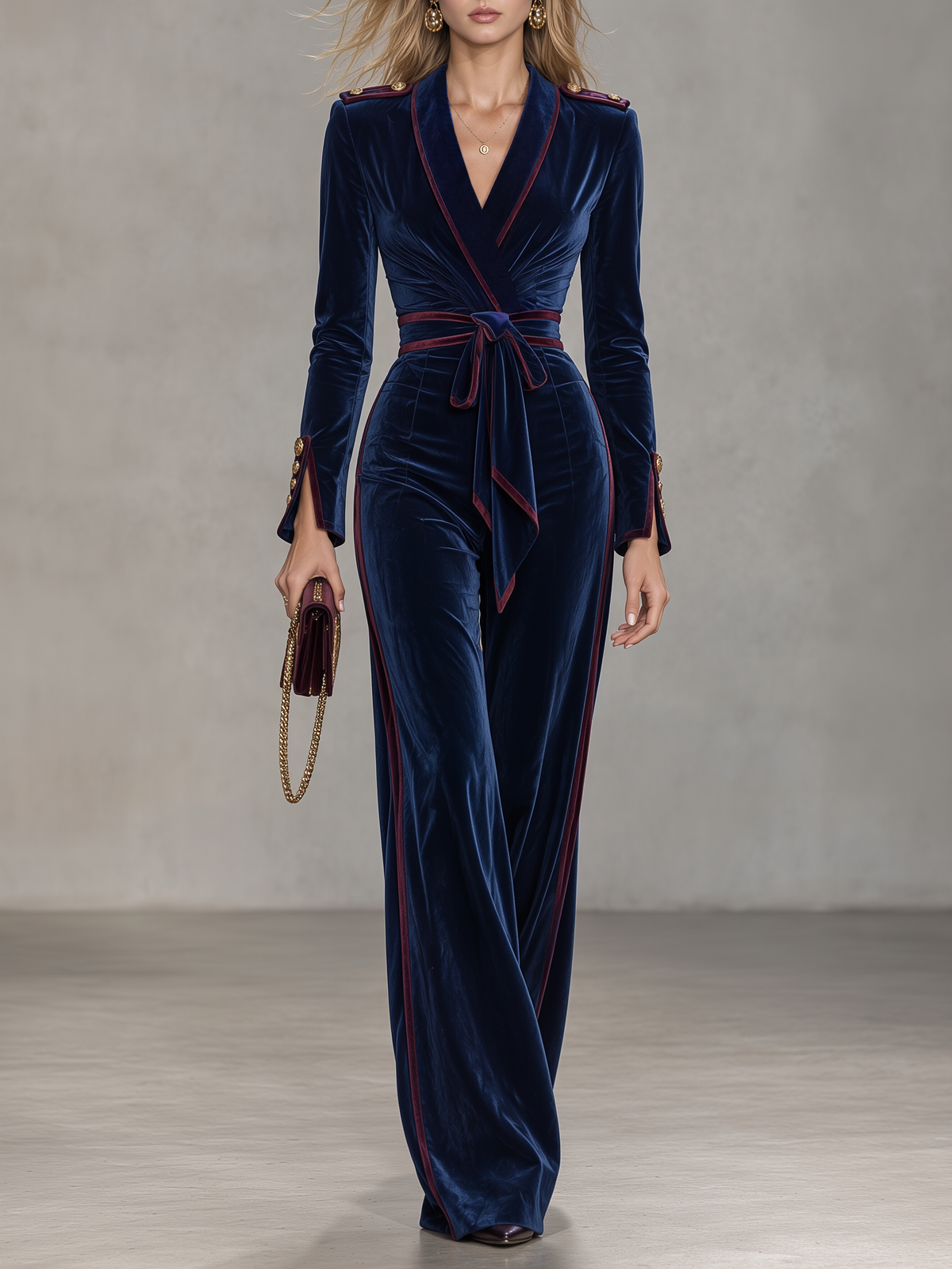 Frances-Violet | Women's Velvet Tie-Waist Jumpsuit with Contrast Piping