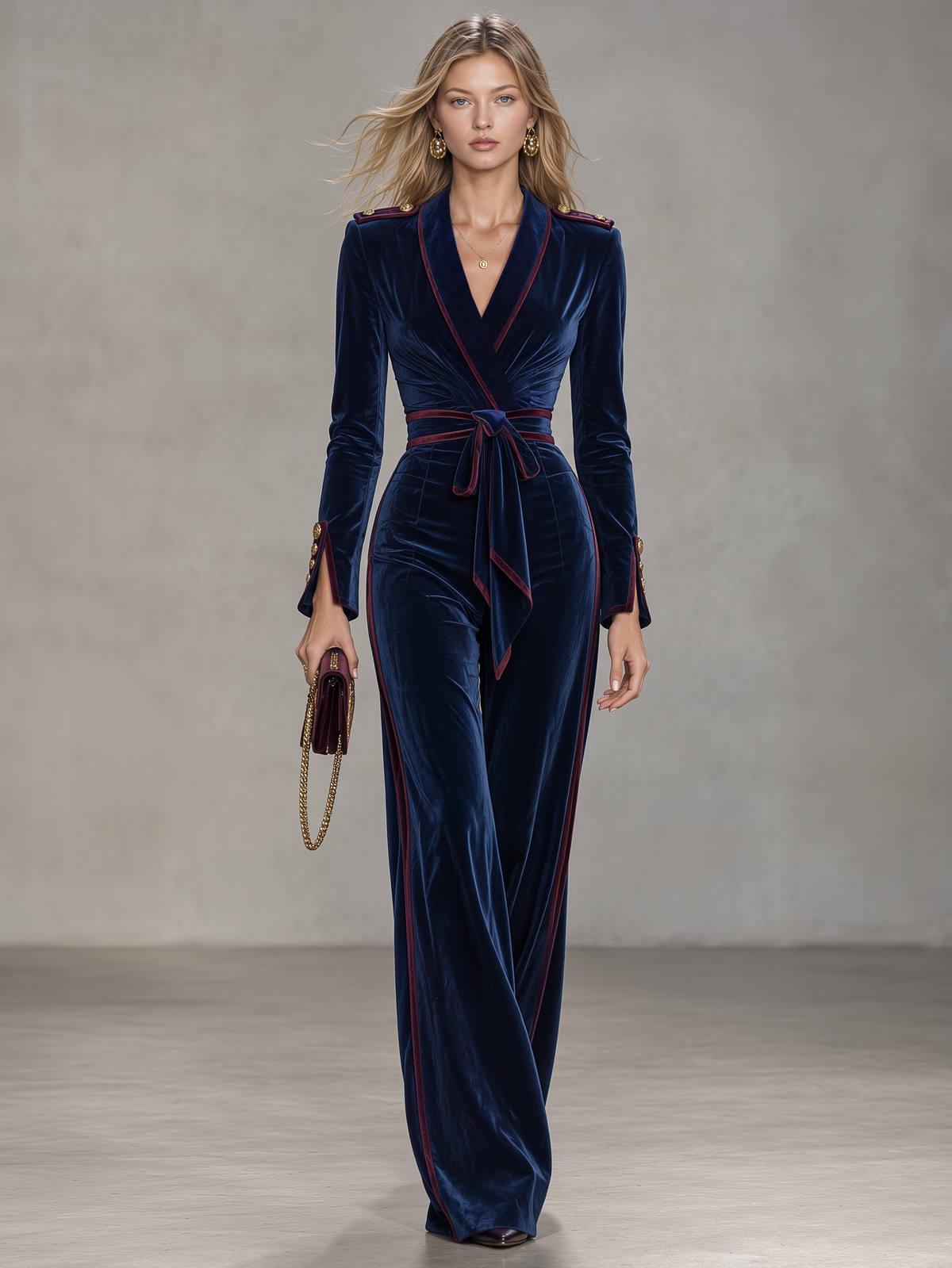Frances-Violet | Women's Velvet Tie-Waist Jumpsuit with Contrast Piping