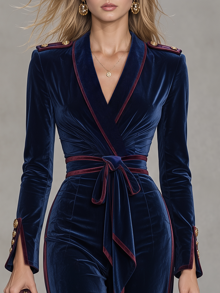 Frances-Violet | Women's Velvet Tie-Waist Jumpsuit with Contrast Piping