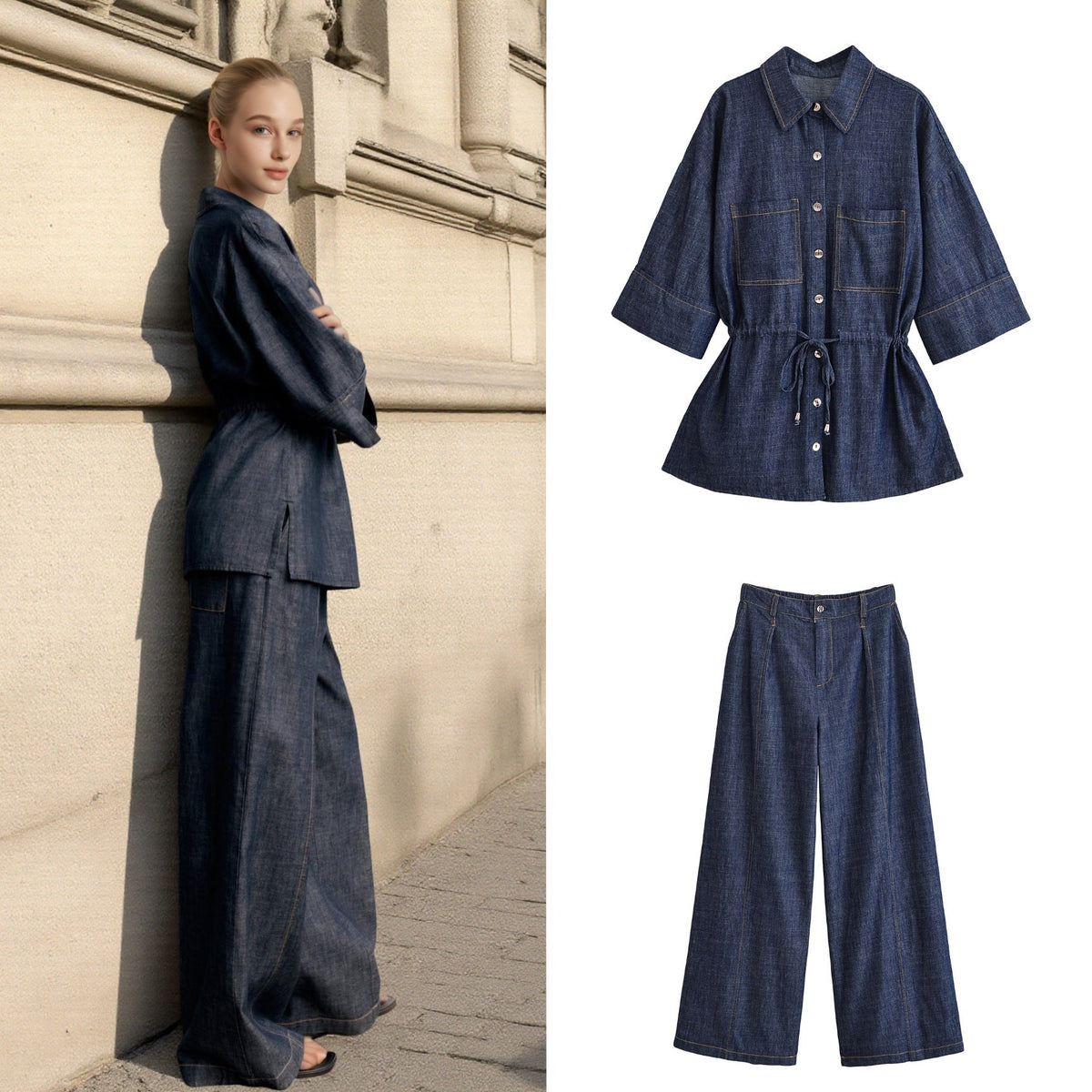 Camilla-Phyllis | Women's Wide-Leg High-Waist Denim Jeans with Crease Front