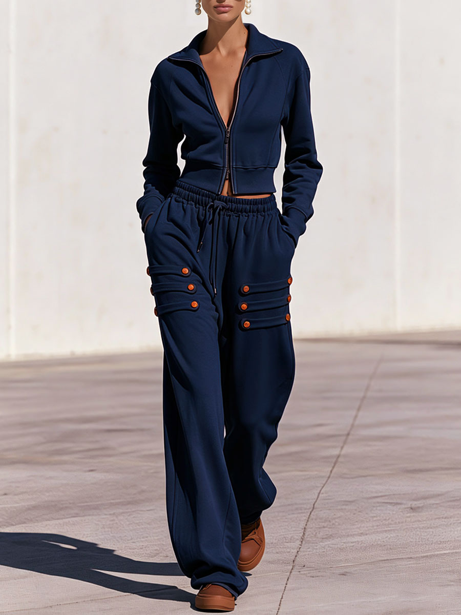 Helena-Lorraine | Women's Zip-Up Hoodie and Button-Loop Pants Set