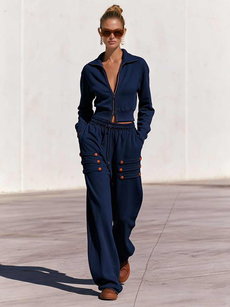 Helena-Lorraine | Women's Zip-Up Hoodie and Button-Loop Pants Set