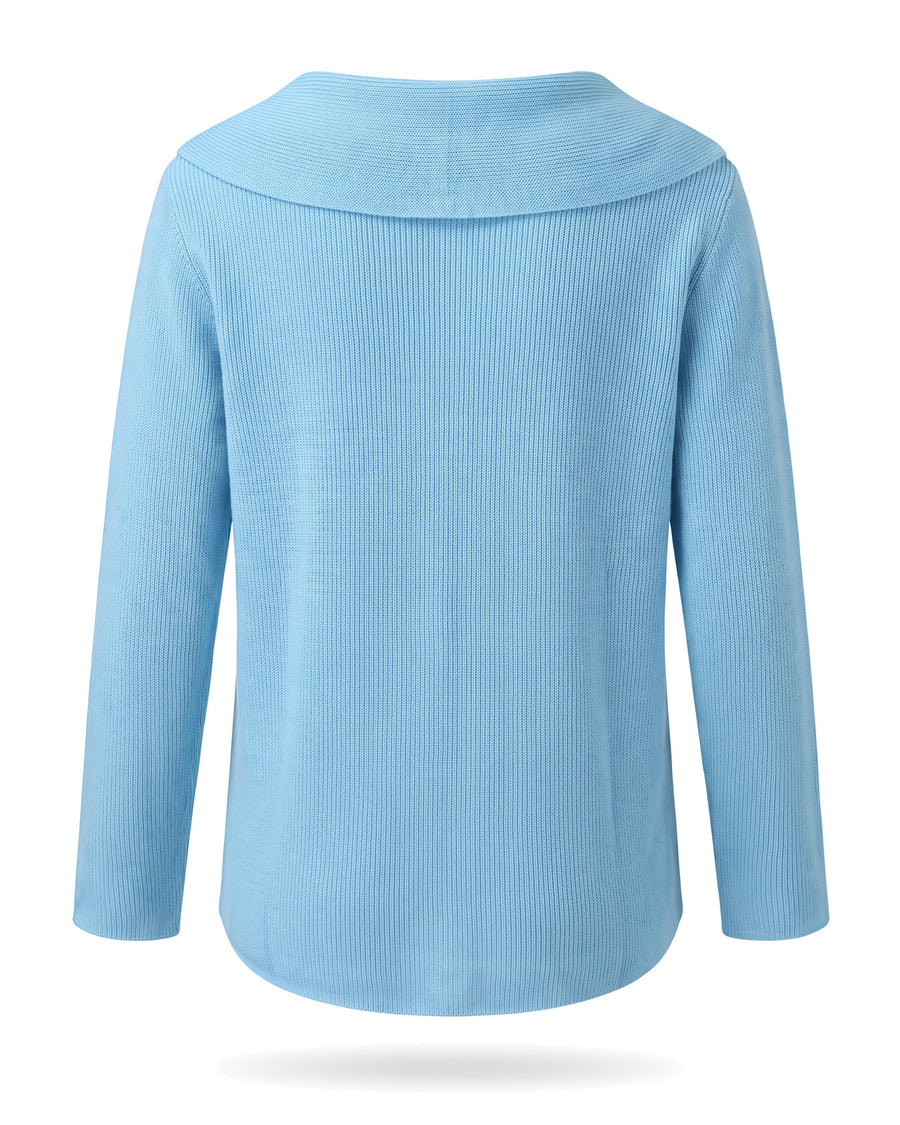 Light blue ribbed knit top with fold-over collar, back view