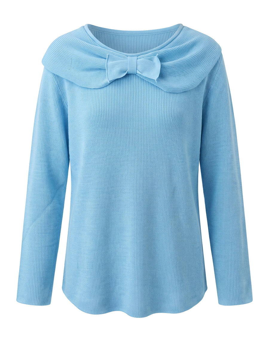 Light blue ribbed knit top with fold-over bow collar and long sleeves, front view