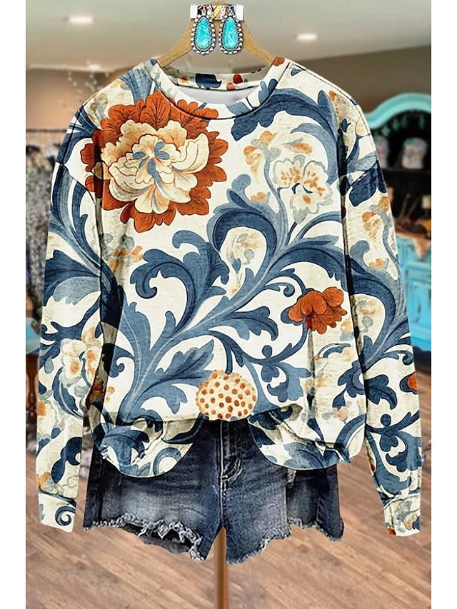 Marigold | Women's Floral Geometric Print Pullover Sweatshirt