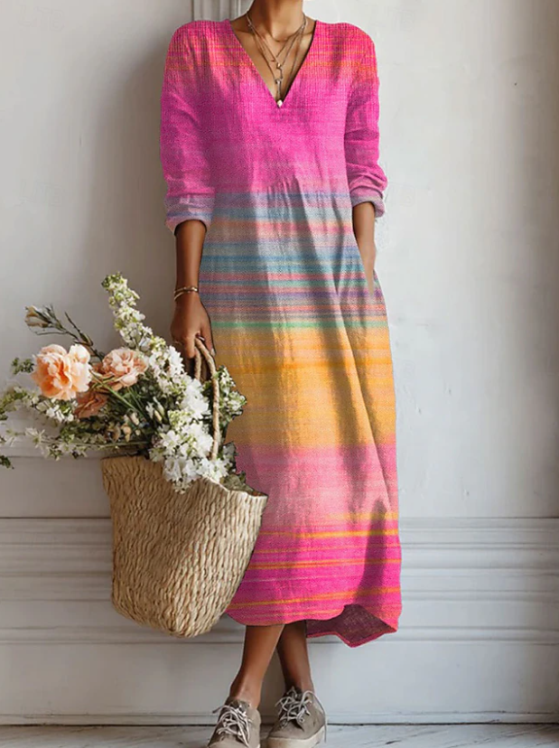 Selovra | Women's V-Neck Striped Long Sleeve Maxi Dress
