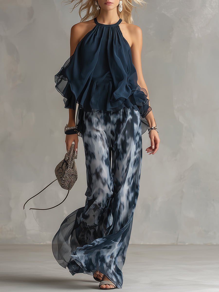 Tatum | Women's Halter Neck Ruffle Top Wide Leg Pants Set
