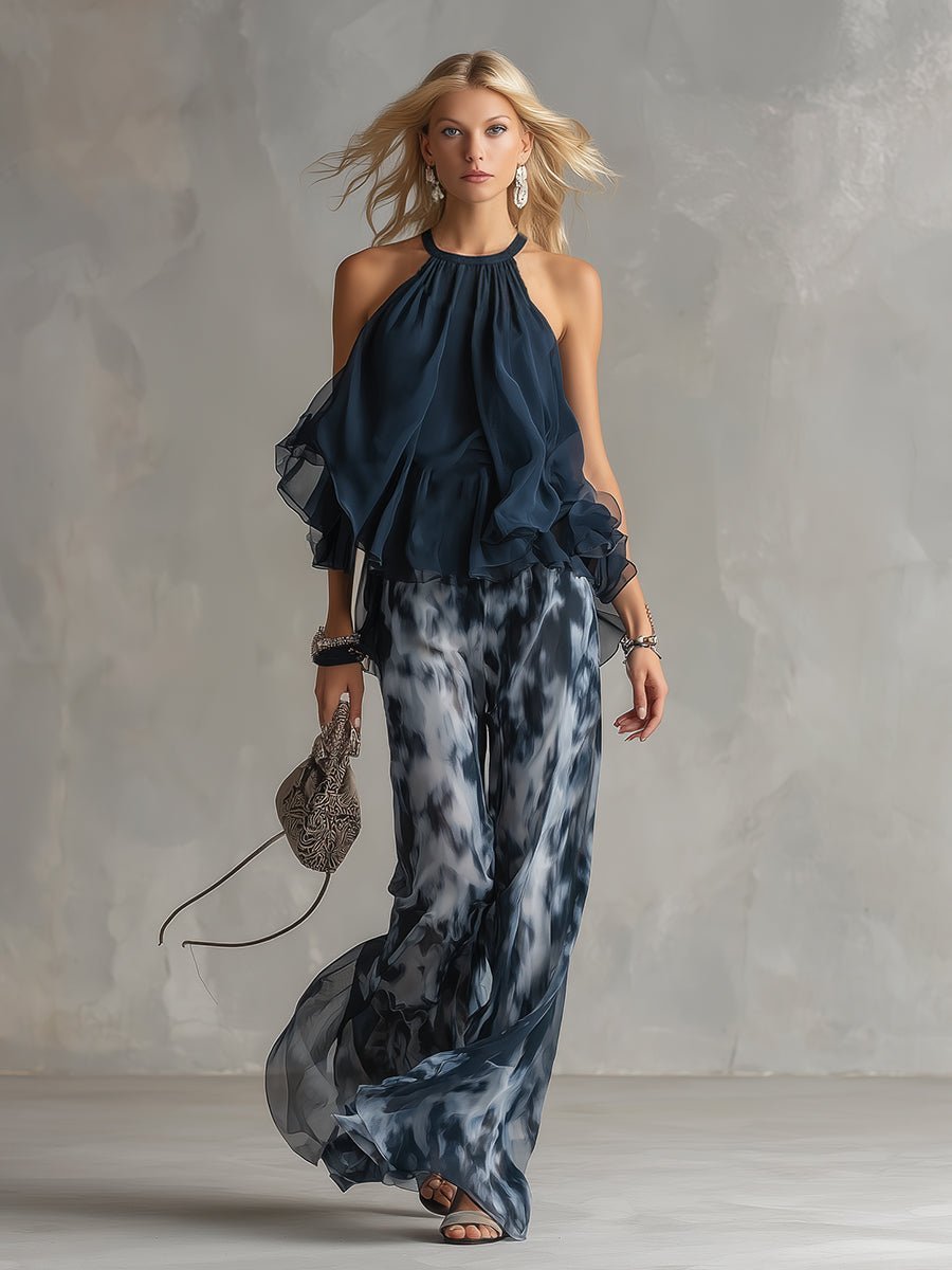 Tatum | Women's Halter Neck Ruffle Top Wide Leg Pants Set