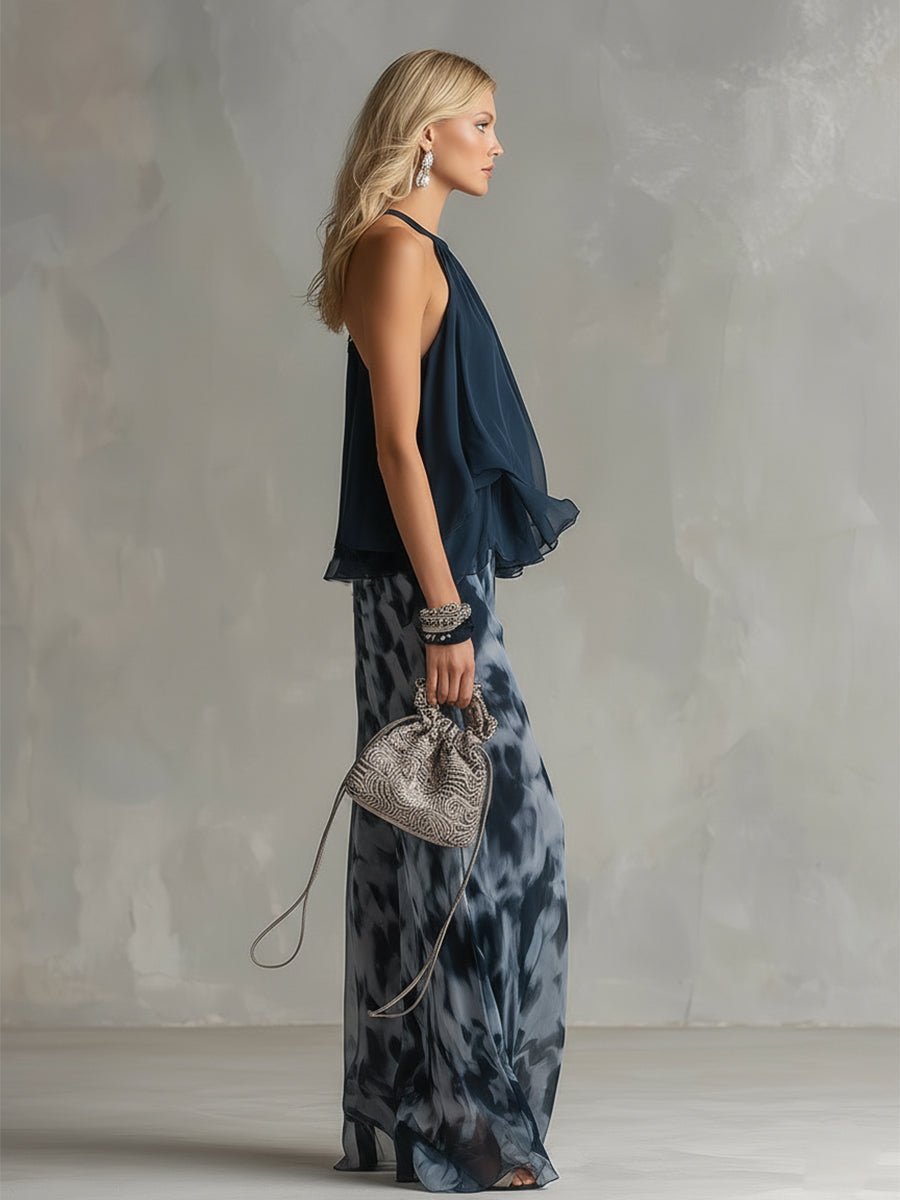 Tatum | Women's Halter Neck Ruffle Top Wide Leg Pants Set