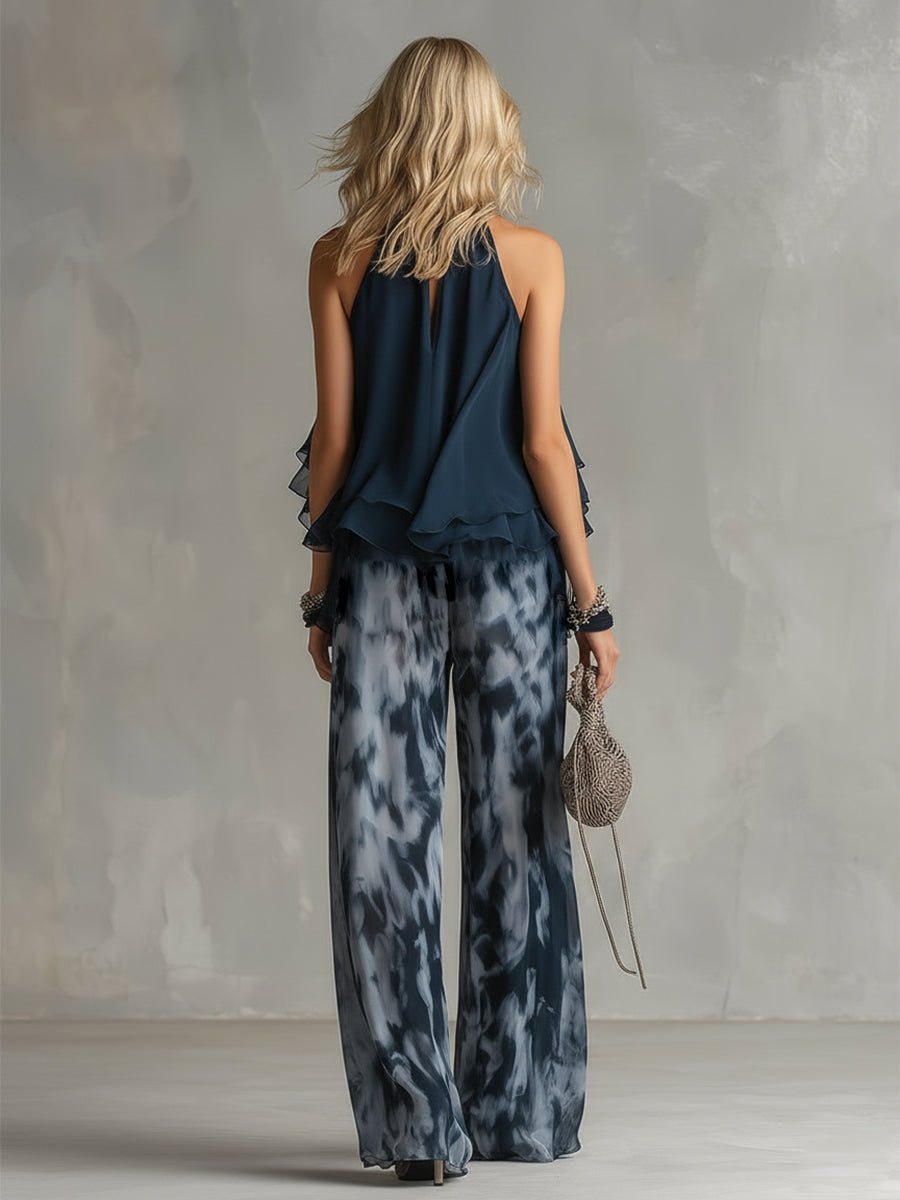 Tatum | Women's Halter Neck Ruffle Top Wide Leg Pants Set
