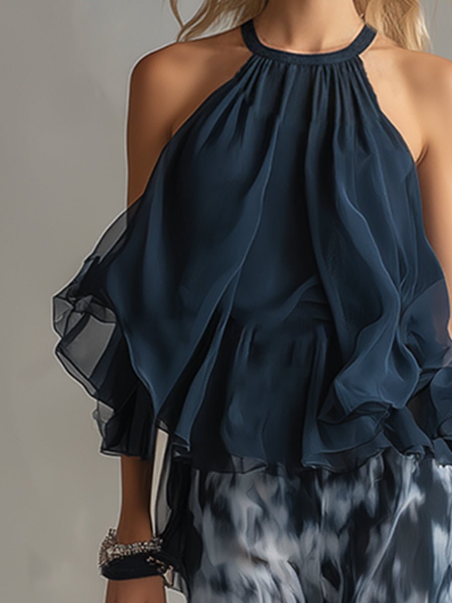 Tatum | Women's Halter Neck Ruffle Top Wide Leg Pants Set