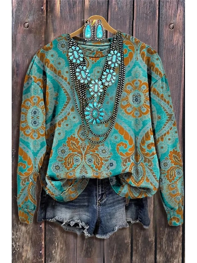 Marigold | Women's Floral Geometric Print Pullover Sweatshirt
