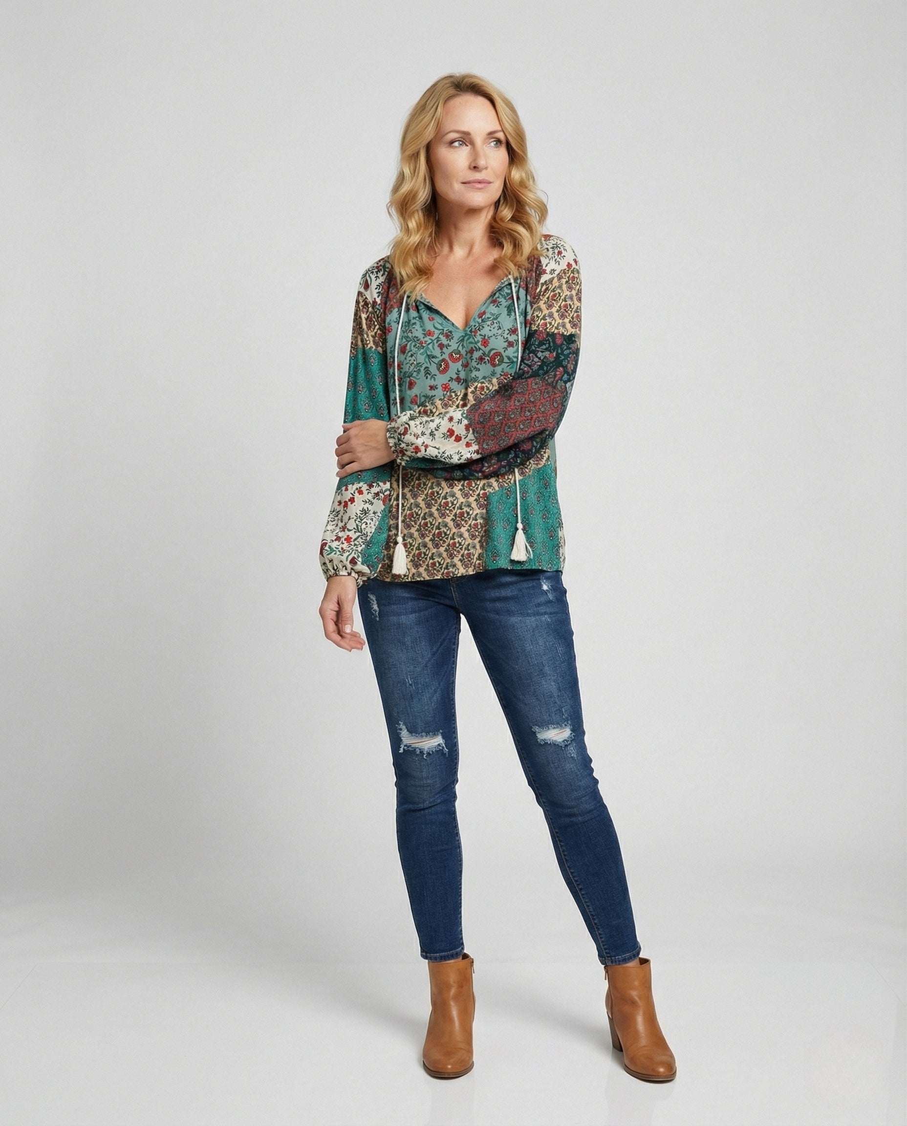Tierney | Women's Boho Patchwork Long Sleeve Blouse