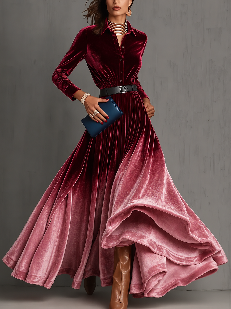 Rosalind | Women's Ombre Velvet Shirt Collar Maxi Gown