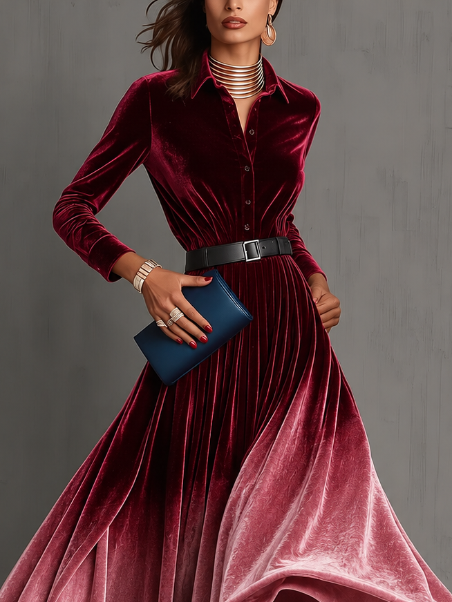 Rosalind | Women's Ombre Velvet Shirt Collar Maxi Gown