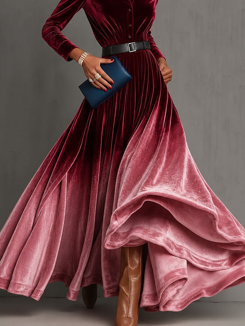 Rosalind | Women's Ombre Velvet Shirt Collar Maxi Gown