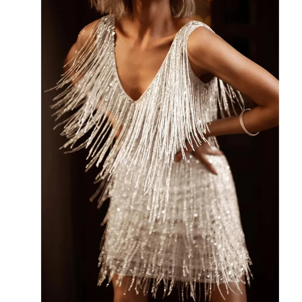 Vesper | Women's Sequin Fringe V-Neck Mini Dress