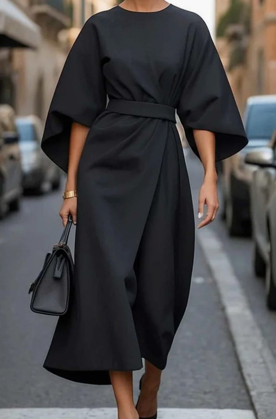 Scarlett | Women's Belted Lantern-Sleeve Midi Dress
