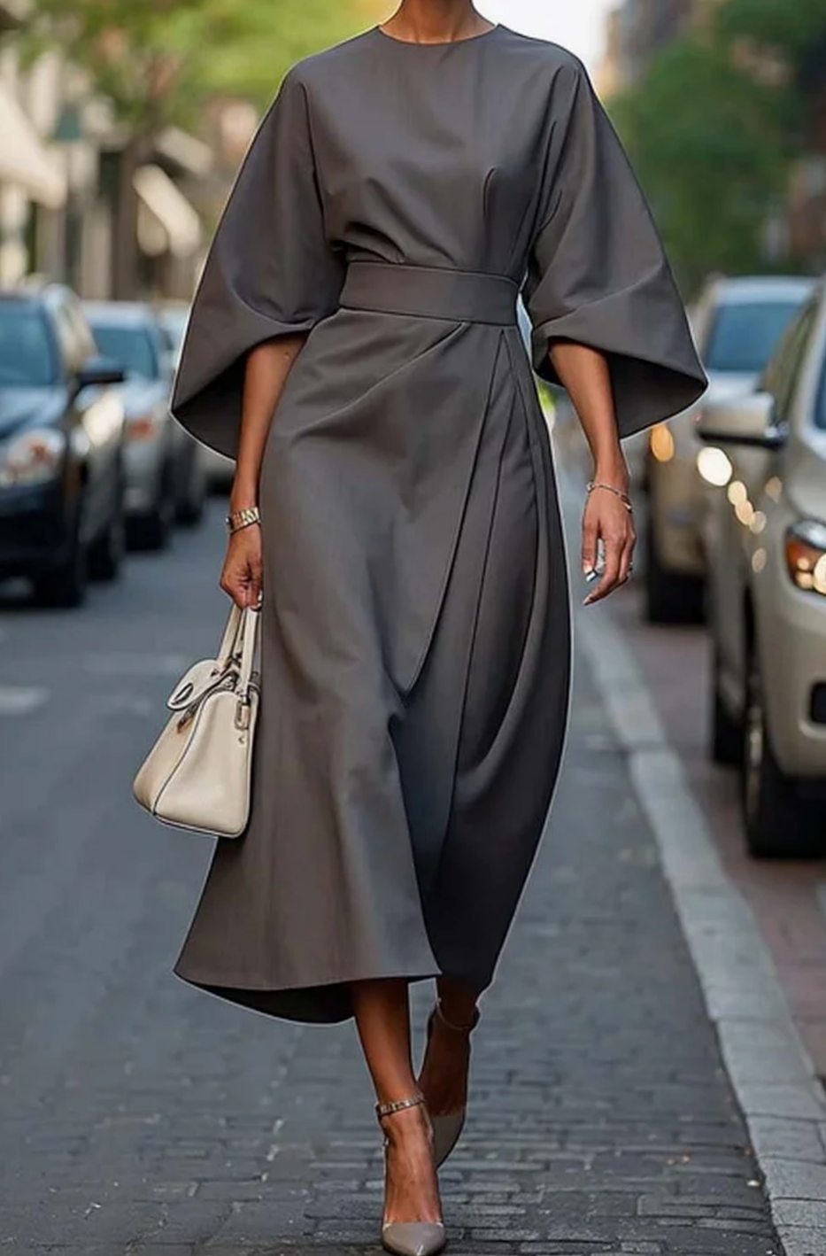 Scarlett | Women's Belted Lantern-Sleeve Midi Dress