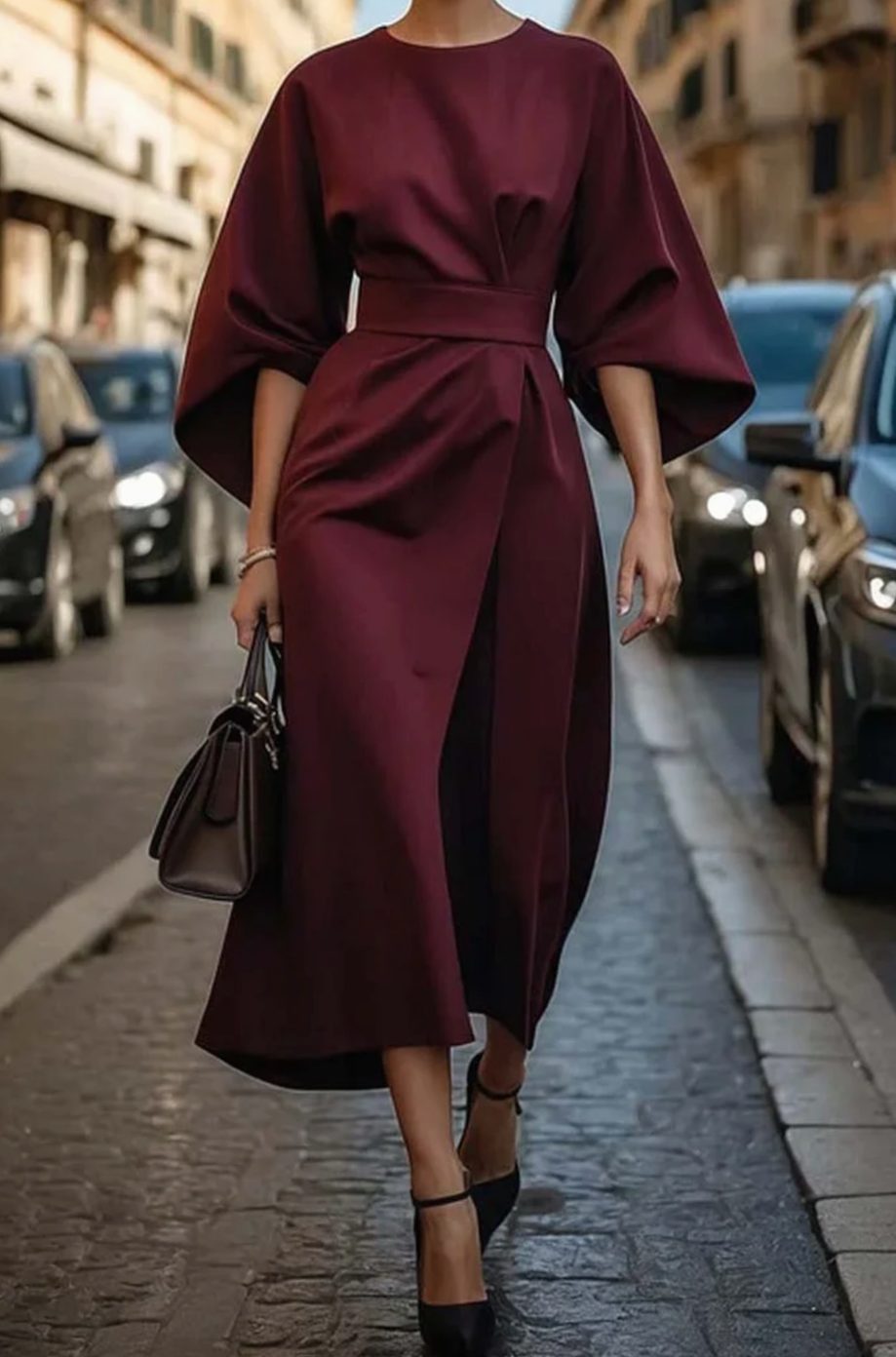 Scarlett | Women's Belted Lantern-Sleeve Midi Dress