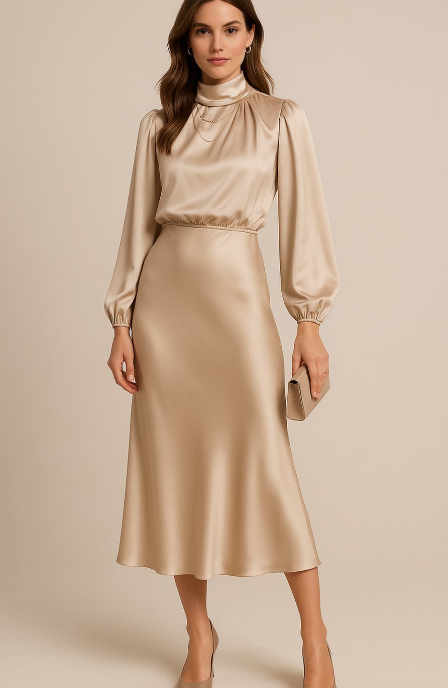 Evelyn | Women's Mock-Neck Satin Midi Dress