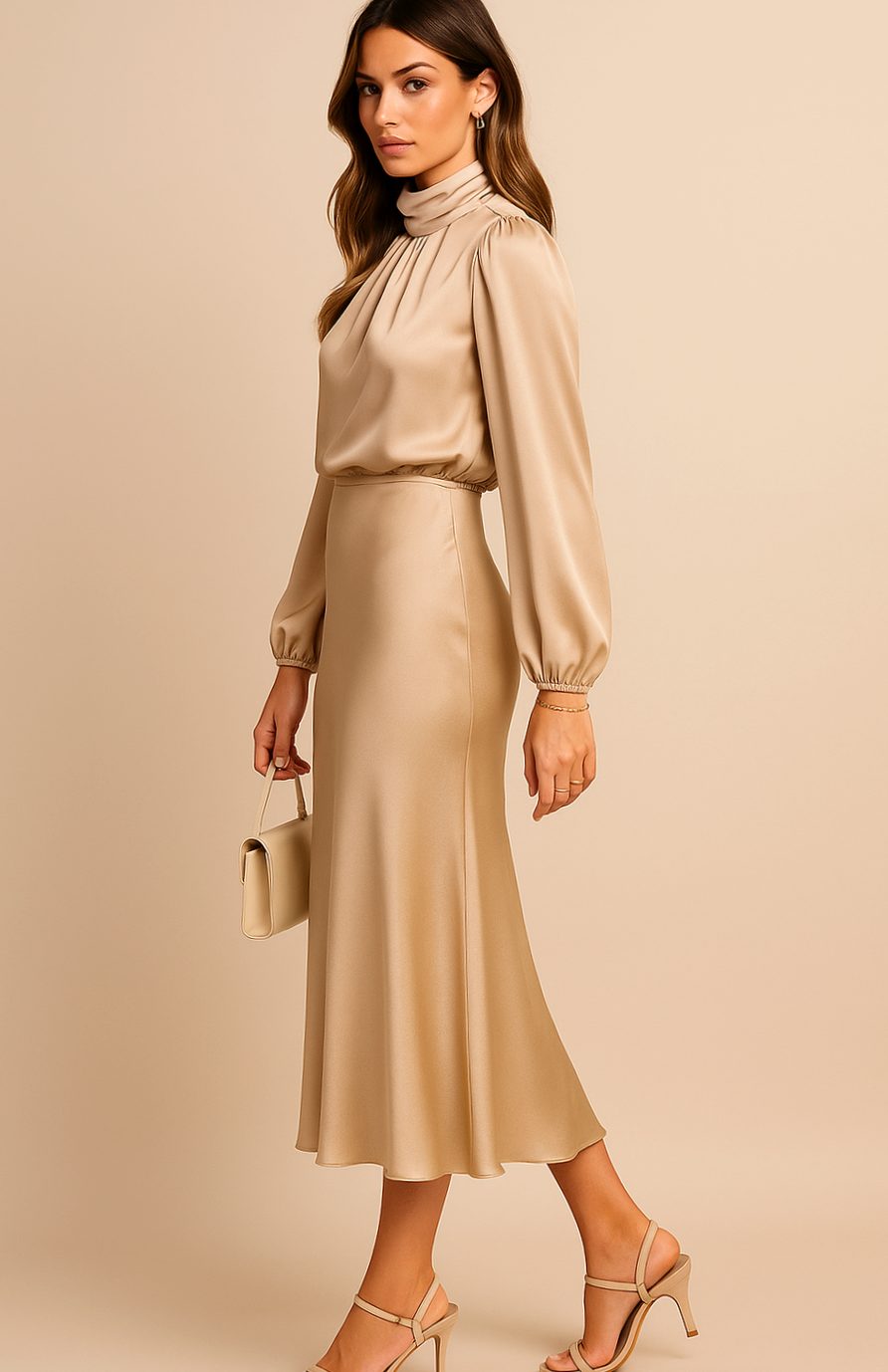 Evelyn | Women's Mock-Neck Satin Midi Dress