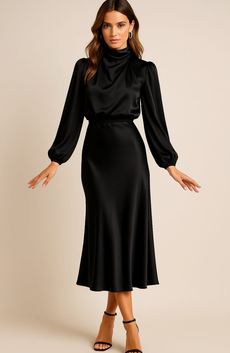 Evelyn | Women's Mock-Neck Satin Midi Dress