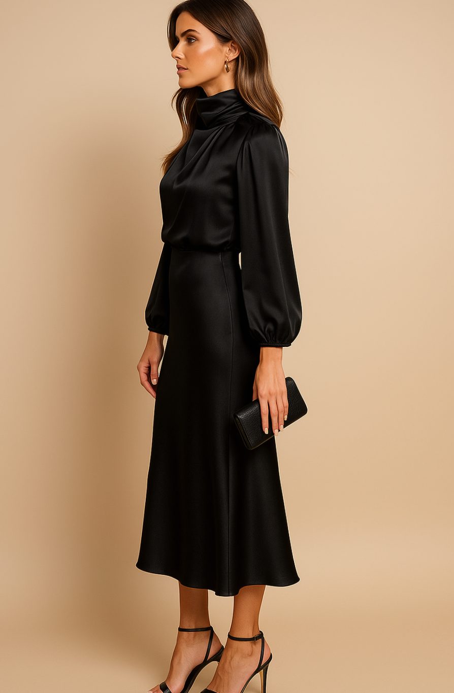 Evelyn | Women's Mock-Neck Satin Midi Dress