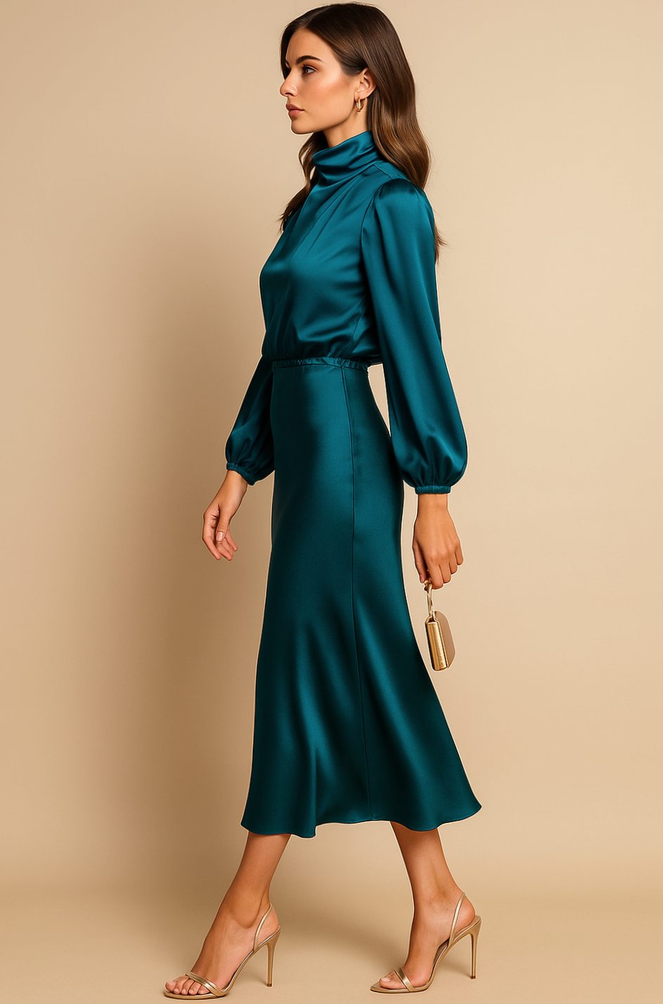 Evelyn | Women's Mock-Neck Satin Midi Dress