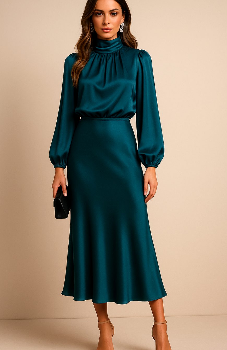 Evelyn | Women's Mock-Neck Satin Midi Dress