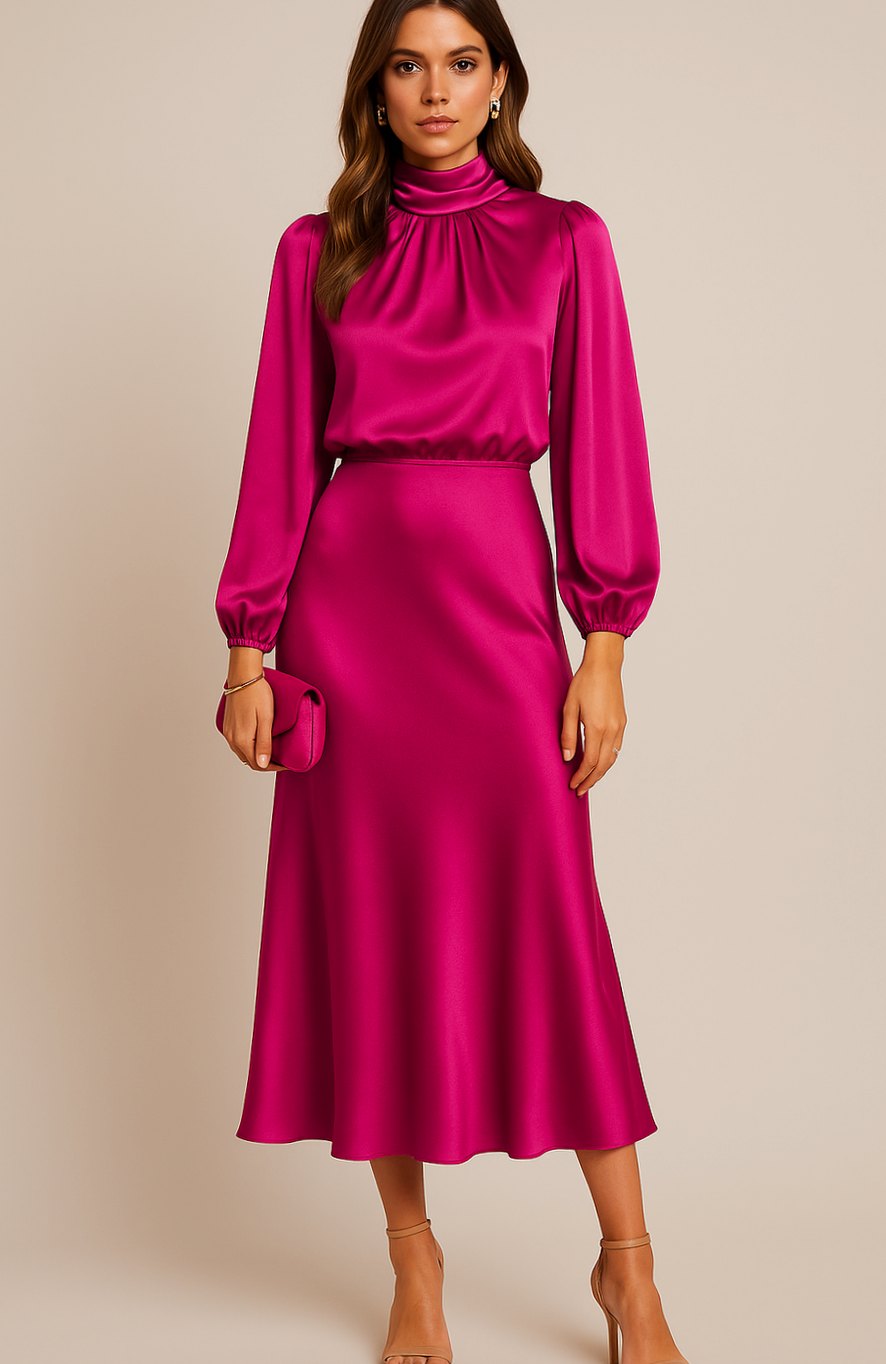 Evelyn | Women's Mock-Neck Satin Midi Dress