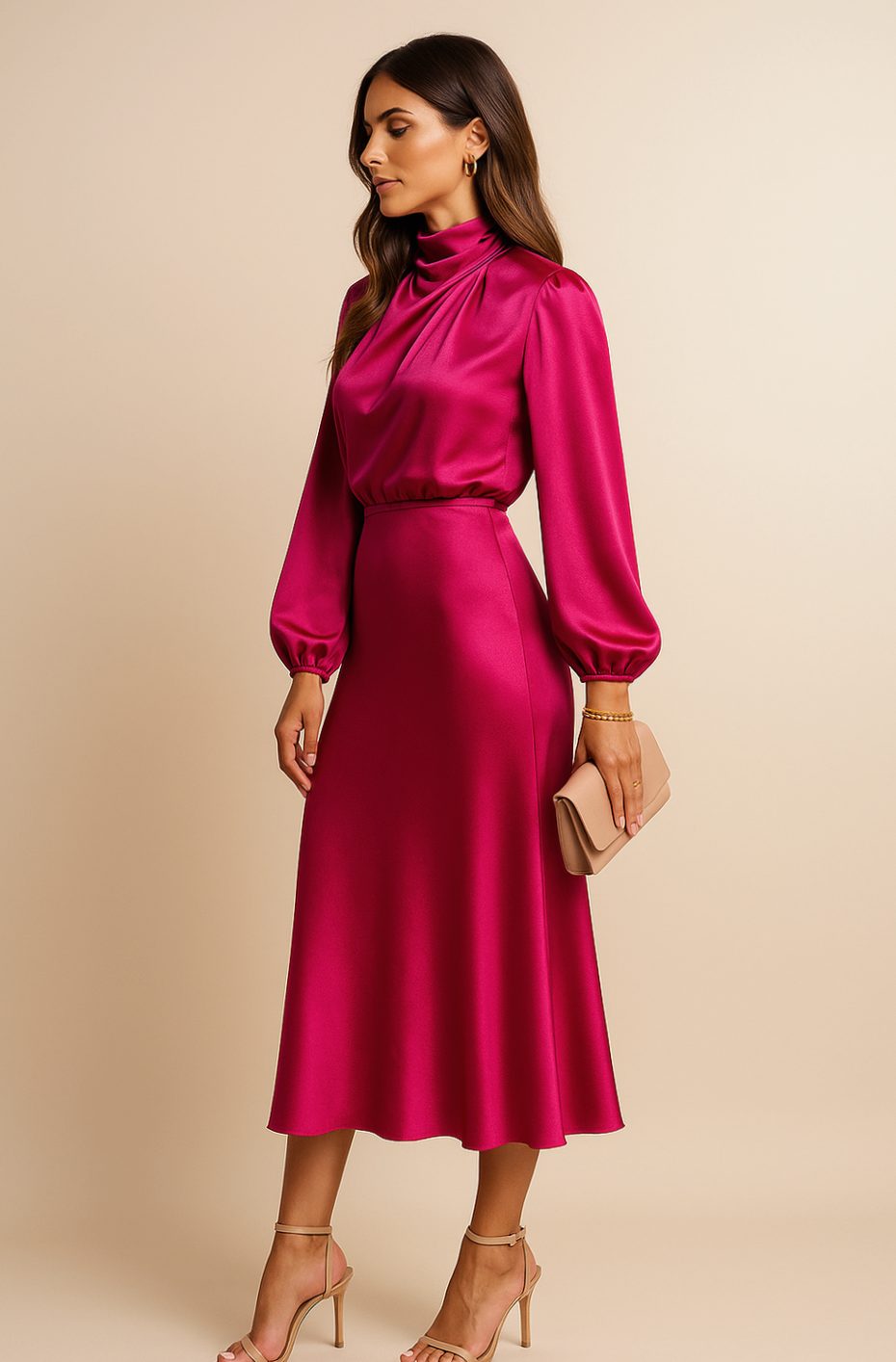 Evelyn | Women's Mock-Neck Satin Midi Dress
