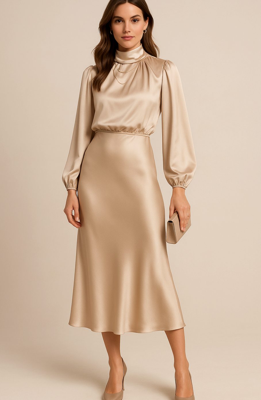 Evelyn | Women's Mock-Neck Satin Midi Dress