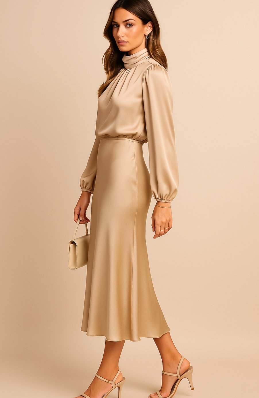 Evelyn | Women's Mock-Neck Satin Midi Dress