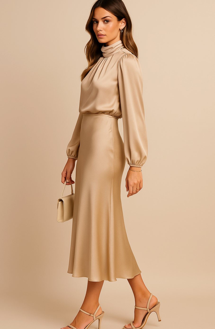 Evelyn | Women's Mock-Neck Satin Midi Dress