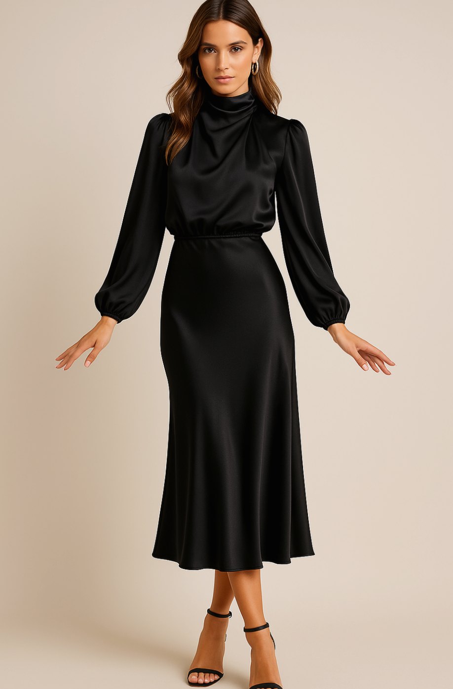 Evelyn | Women's Mock-Neck Satin Midi Dress