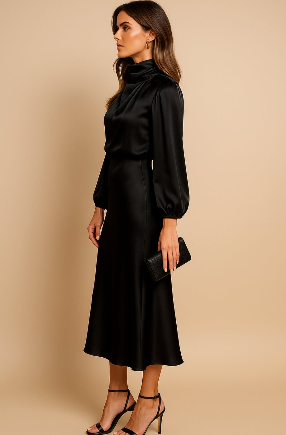 Evelyn | Women's Mock-Neck Satin Midi Dress