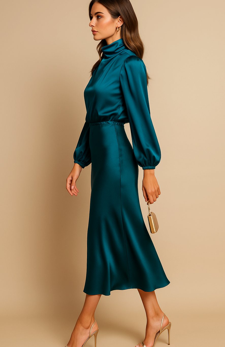 Evelyn | Women's Mock-Neck Satin Midi Dress